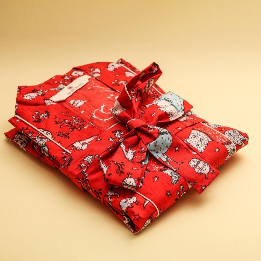 Christmas Red Print Robes Cotton Kimono Robe Cotton Poplin Fabric Dressing G…